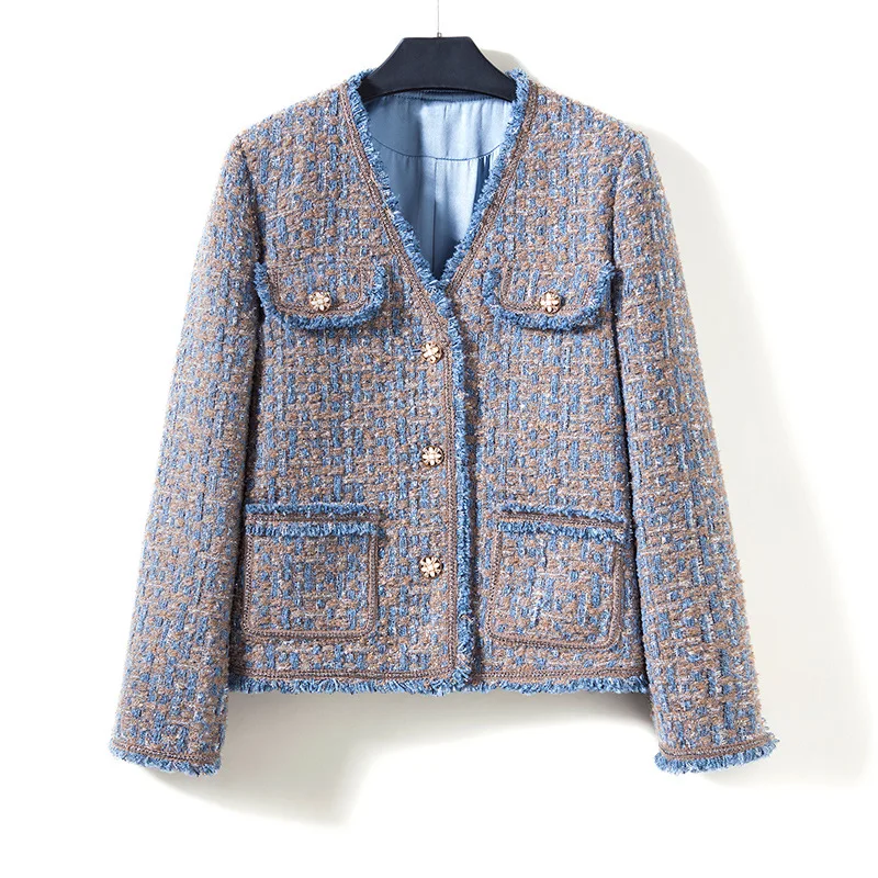 

Spring Autumn Korean Style Chic Women's High Quality Blue Plaid V-neck Tweed Jackets Pockets Short Coat F130