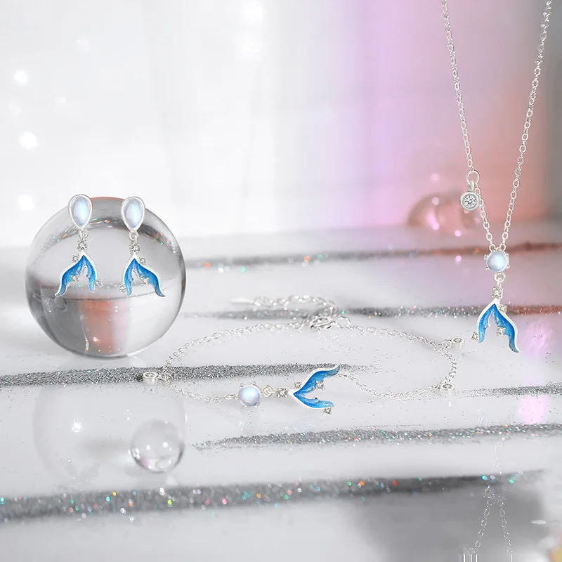 925 Silver Mermaid Necklace Bracelet Earrings Ring Moonlight Jewelry Gift for Women Birthday Anniversary Elegant 4-Set view 3