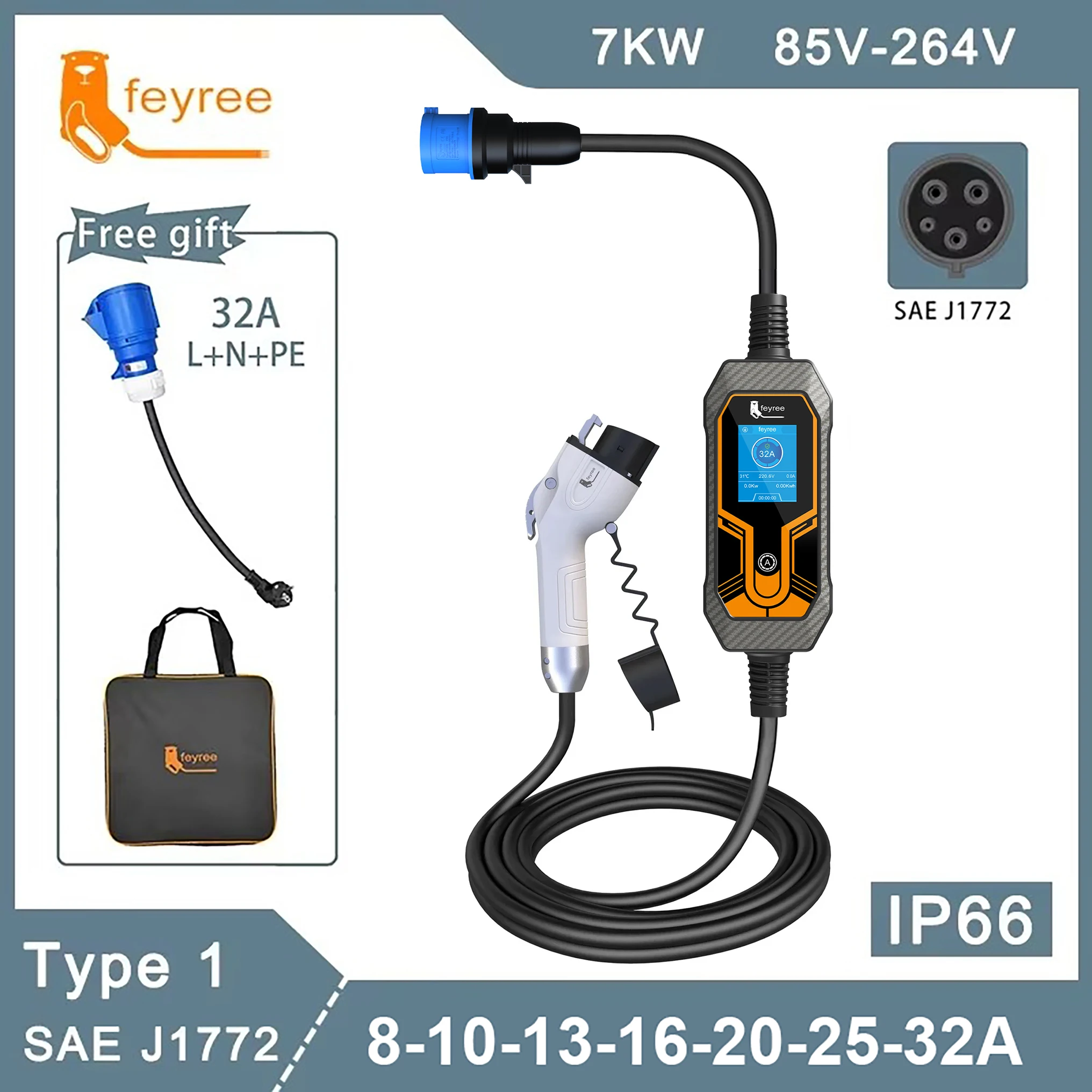 feyree EV Charger Portable  Wallbox Type1 j1772 7KW 32A 1Phase with CEE Plug EVSE Charging Box for Electric Car Charger 5m Cable