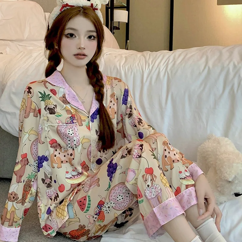 Women\'s New Pajamas Homewear Set Cartoon Graffiti Spring and Summer Ice Silk Thin Section Pajamas Long-Sleeved Girls Homewear