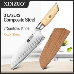 XINZUO 7'' Inch Pro Santok Knife Forged High Carbon 10Cr15CoMoV Steel Core Composite Steel Kitchen Knives with Pakkawood Handle