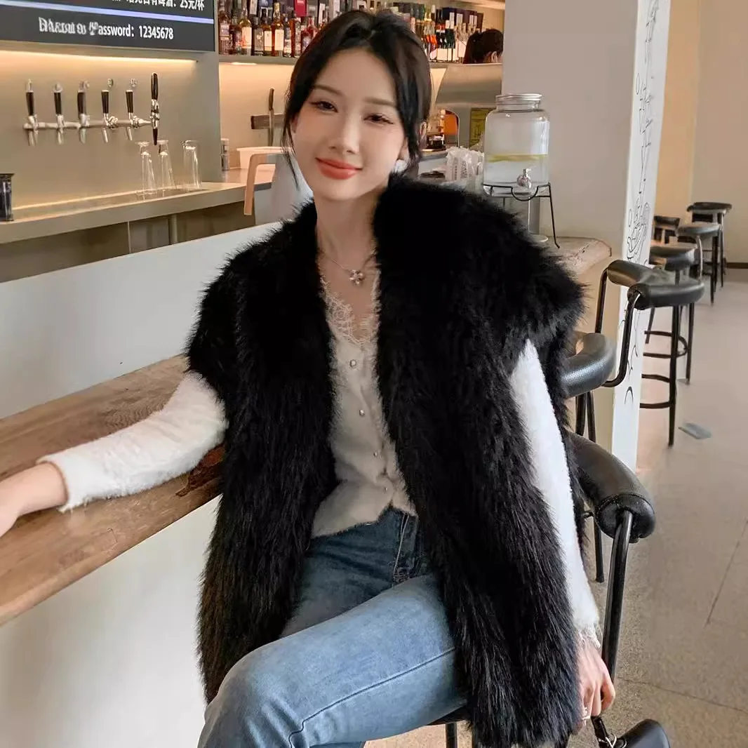 Women Faux Fur Fox Coats Mid Length Coat Vests Thick Warm Y2k Streetwear Elegant Splice Open Stitch Outerwear 2025 Autumn Winter