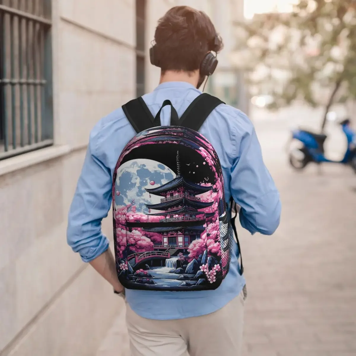 Traditional Asian Architecture With Cherry Blossoms Student Backpack School Bag Hiking Travel Daypack Bookbag Shoulder Bags