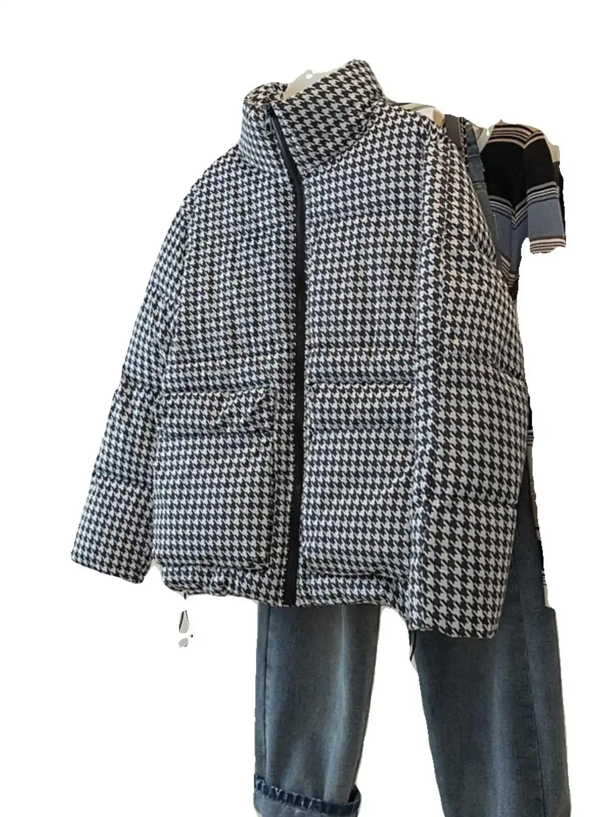 Houndstooth Cotton Jacket Women 2024 Autumn  Winter New Loose Long Sleeve Coat Fashion Stand Up Collar Thickened Warm Coat