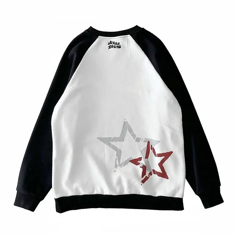 Casual Oversized Raglan Round Neck Hooded Sweatshirt Y2K Punk Black and White Skull Star Graffiti Print Pullover Party Top - view 5