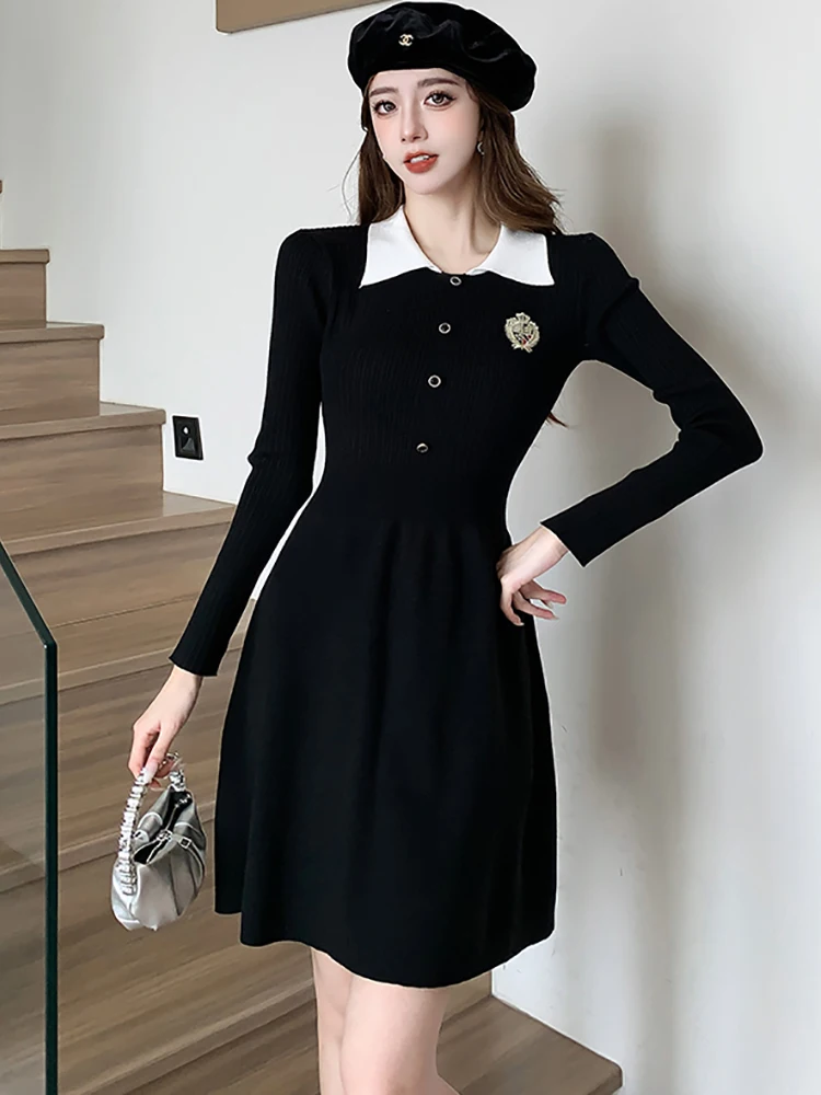 2026 Black Knitted Long Sleeve Polo Collar Midi Dress Women Elegant Casual A-Line Short Dress Autumn Winter Korean Bodycon Dress