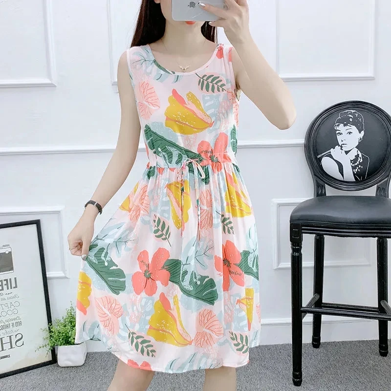 Vestido floral de seda de algodão feminino, sem mangas, elegante, fino, férias, vestidos de praia, vestido feminino, moda verão, novo, 2024