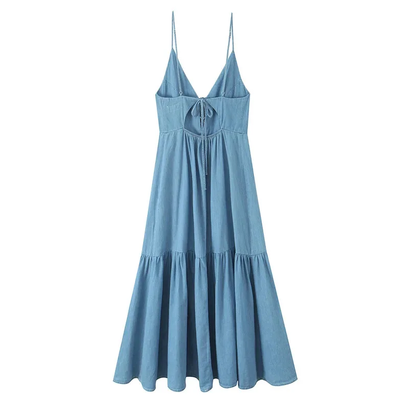Robe caraco en jean bleu clair pour femmes, Sexy, avec cravate sur le devant, découpe au dos, ourlet à volants, pour l'été, la plage, les vacances, la mode