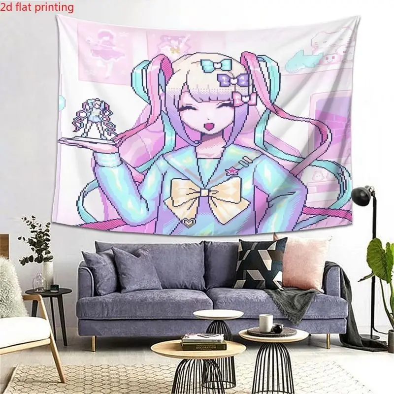 VIKAMA Pixel Style Double Horsetail Anchor Girl Anime Tapestry, Y2K Wall Art for Bedroom Living Room Dorm Decor