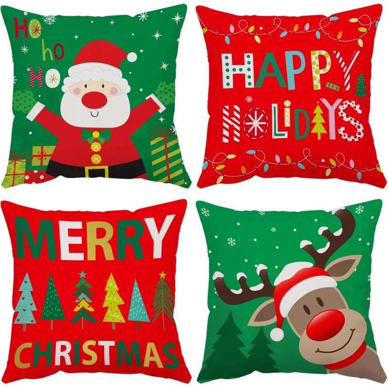 

Merry Christmas pillowcase 4-piece set polyester red green soft cushion cover, suitable for outdoor family beds and sofas