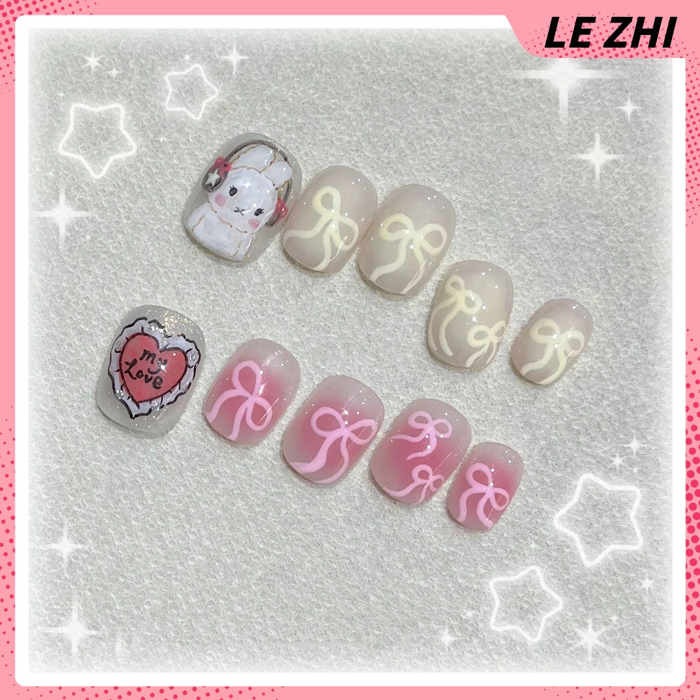 جميل قصير مربع جولة اليدوية يمكن ارتداؤها غطاء كامل الأظافر Kawaii أرنب مرسومة باليد القوس زهرة الماس القط عيون اضغط على الأظافر #2