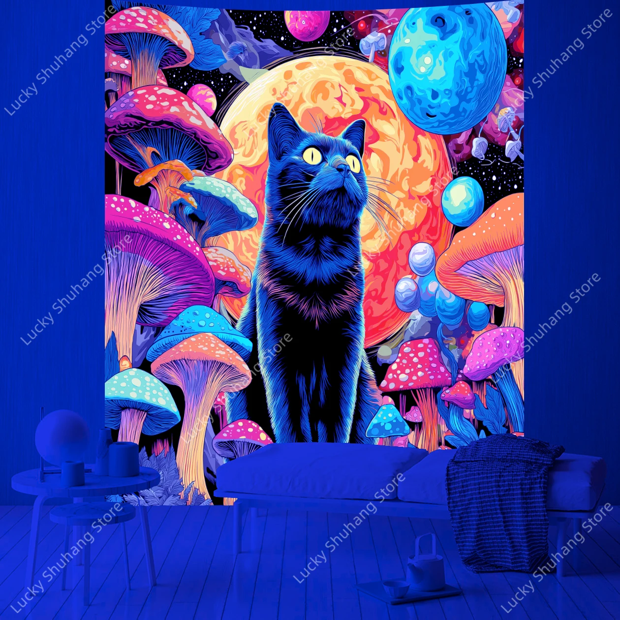 Mystical Black Cat with Colorful Mushrooms UV Tapestry Bohemian Wall Art Decor for Bedroom Living Room Dorm Fantasy Aesthetic