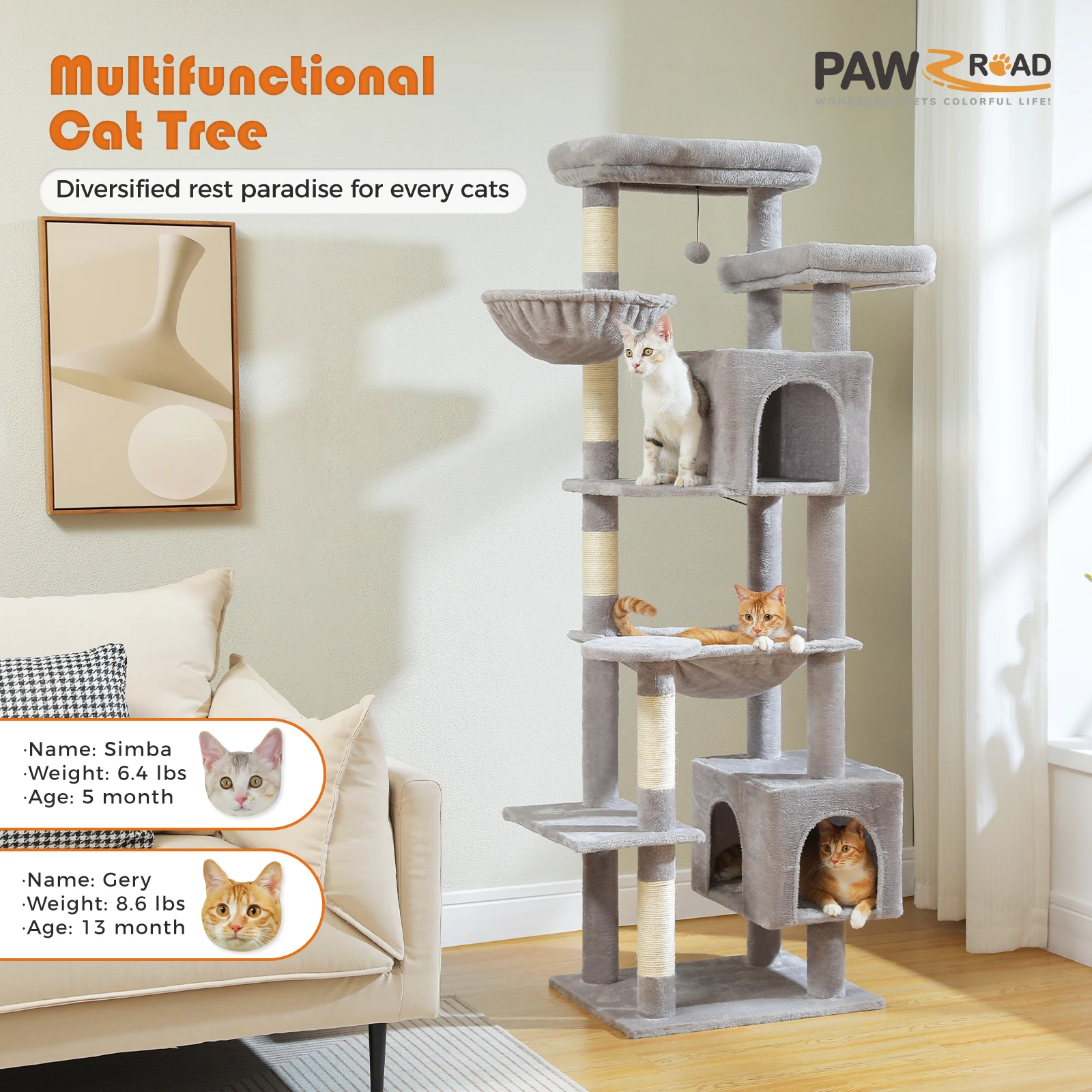 Tall Cat Tree for Indoor Large Cats Big Cat Tower  with Super Large Hammock Cat Climbing Tree with Scratching Posts Condo House