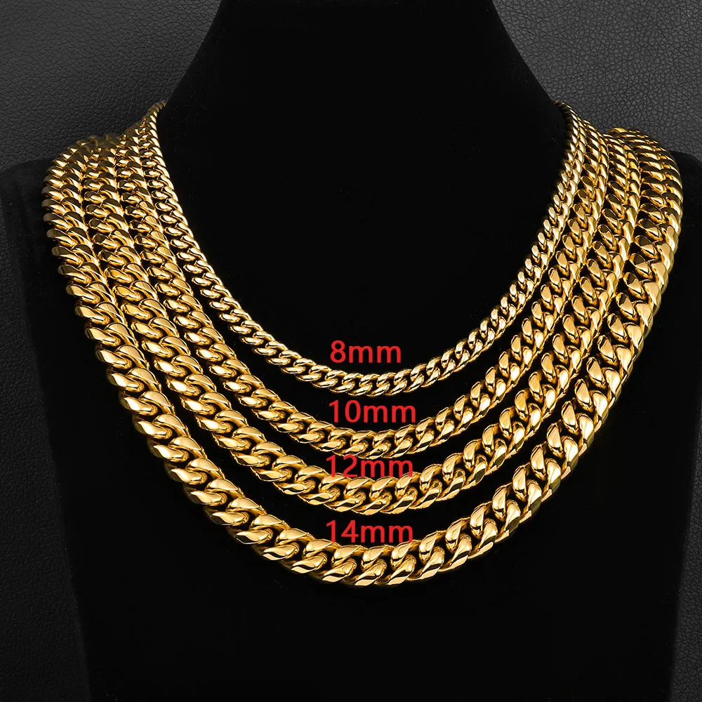 Hip Hop Bling 14k Gold Color Stainless Steel Cuban Miami Necklaces CZ Zircon Spring Lock Monaco Chain for Men Rapper Jewelry
