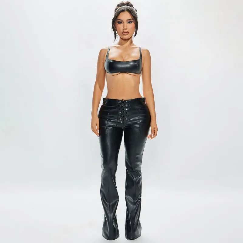 

Women Fashion PU Leather 2 Piece Set Lace Up Backless Camis Crop Tops + Grommet Flare Pants Sexy Clubwear Suit Casual Streetwear