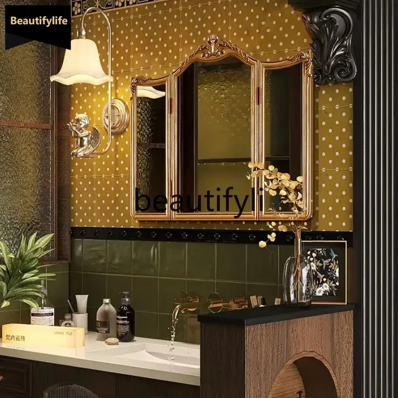 b573  French vanity mirror, desktop American retro bedroom makeup, European folding three-sided mirror