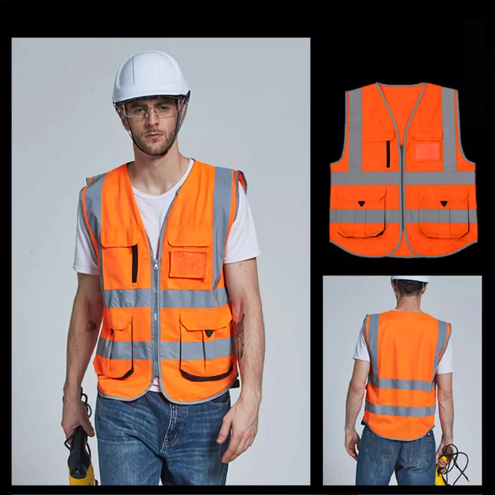 

Оранжевая строительная рабочая одежда для мужчин с несколькими карманами на молнии Hi Vis Рабочая одежда Строительный жилет