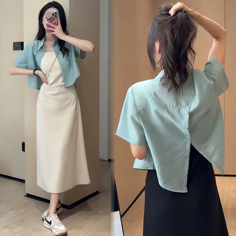 

Лето 2025: Модная женская рубашка с коротким рукавом, свободного кроя, тонкая, с разрезом сзади, в повседневном стиле, для поездок на работу, с защитой от УФ-излучения