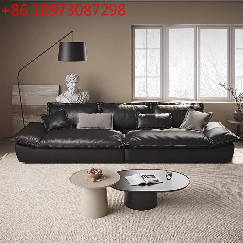 Sailing leather Italian minimalist first layer cowhide straight row large sitting deep living room three-person sofa