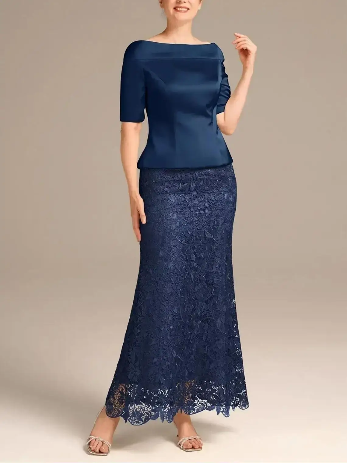 

Elegant Mermaid Mother of the Bride Dress Satin Lace Straight Neckline Short Sleeve Ankle Length Prom Gown 2025 Free Customized