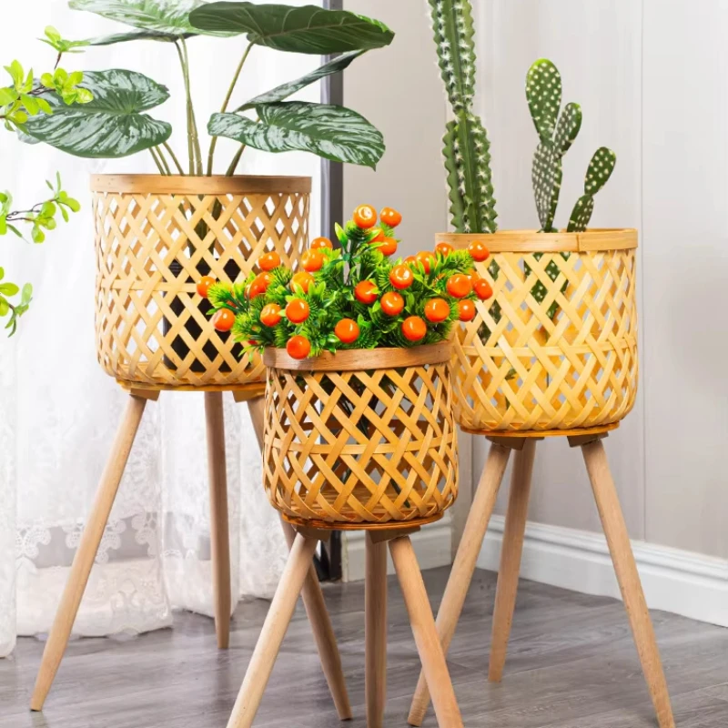 

Bamboo Woven Flower Basket, Decorative Rattan Planter for Monstera, Indoor Floor Plant Stand, Living Room Flower Display