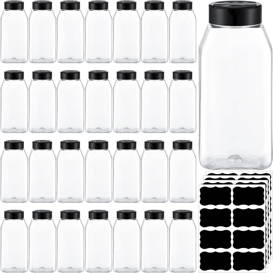 

28 Pack 16 oz Plastic Spice Jars with Cap Square Plastic Bottle Containers with Shaker Lids and Stickers Large Seasoning Shaker