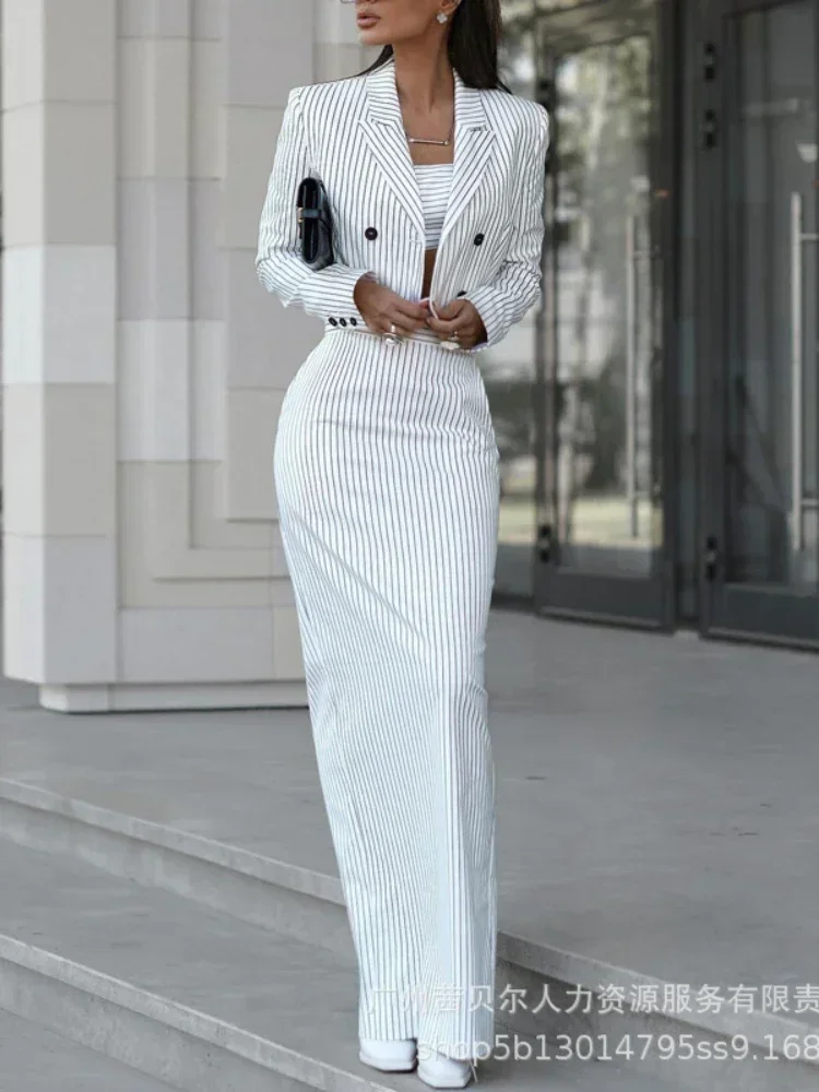 Two Piece Sets Striped Women Matching Sets Full Sleeve Short Coats Blazer Top Casual Long Skirt Set Splice Autumn Spring 2024