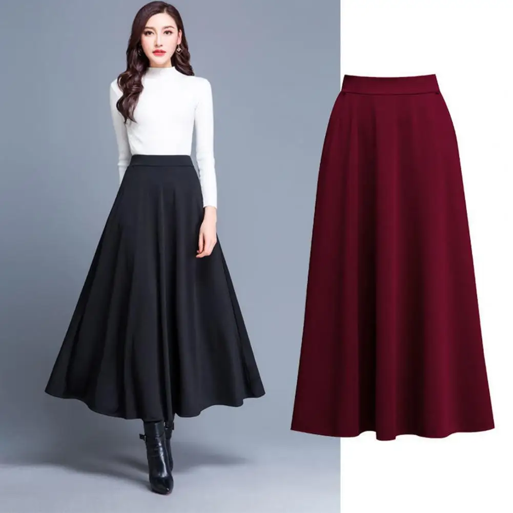 Stylish Long Skirt Side Pockets Mid-Calf Thick Pure Color Midi Party Skirt