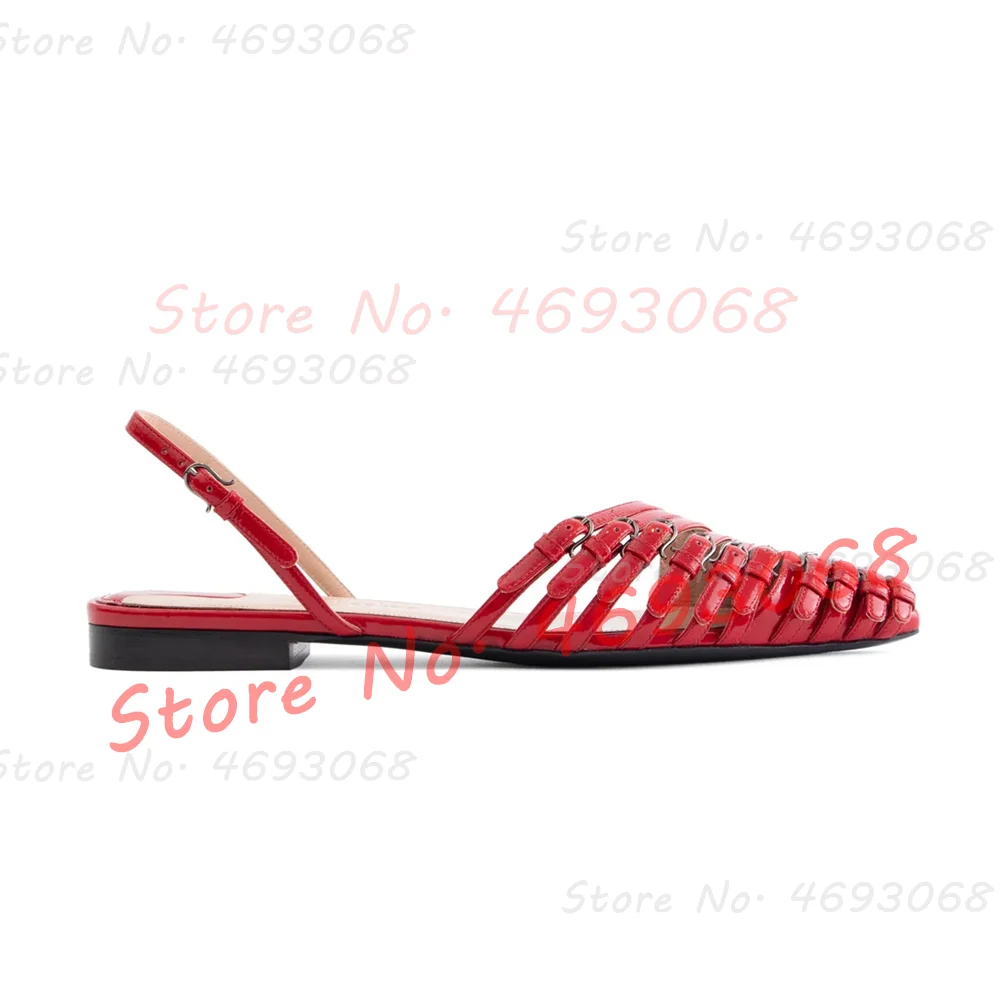 Red Multi Buckle Straps Flat Sandals Women Stylish Back Strap Pointy Toe Comfy Shoes Trendy Belt Buckles Metallic Leather Sandal
