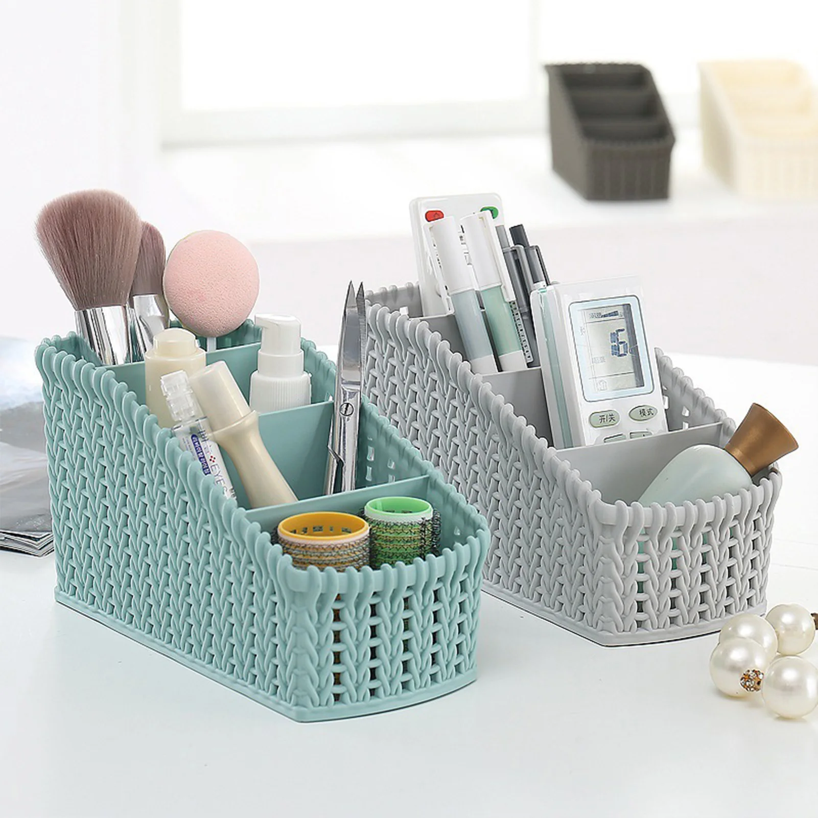 4 Color Desktop Cosmetic Storage Basket 4 Grids Storage Box Imitation Rattan Sundries Snack Makeup Storage Basket Organizer