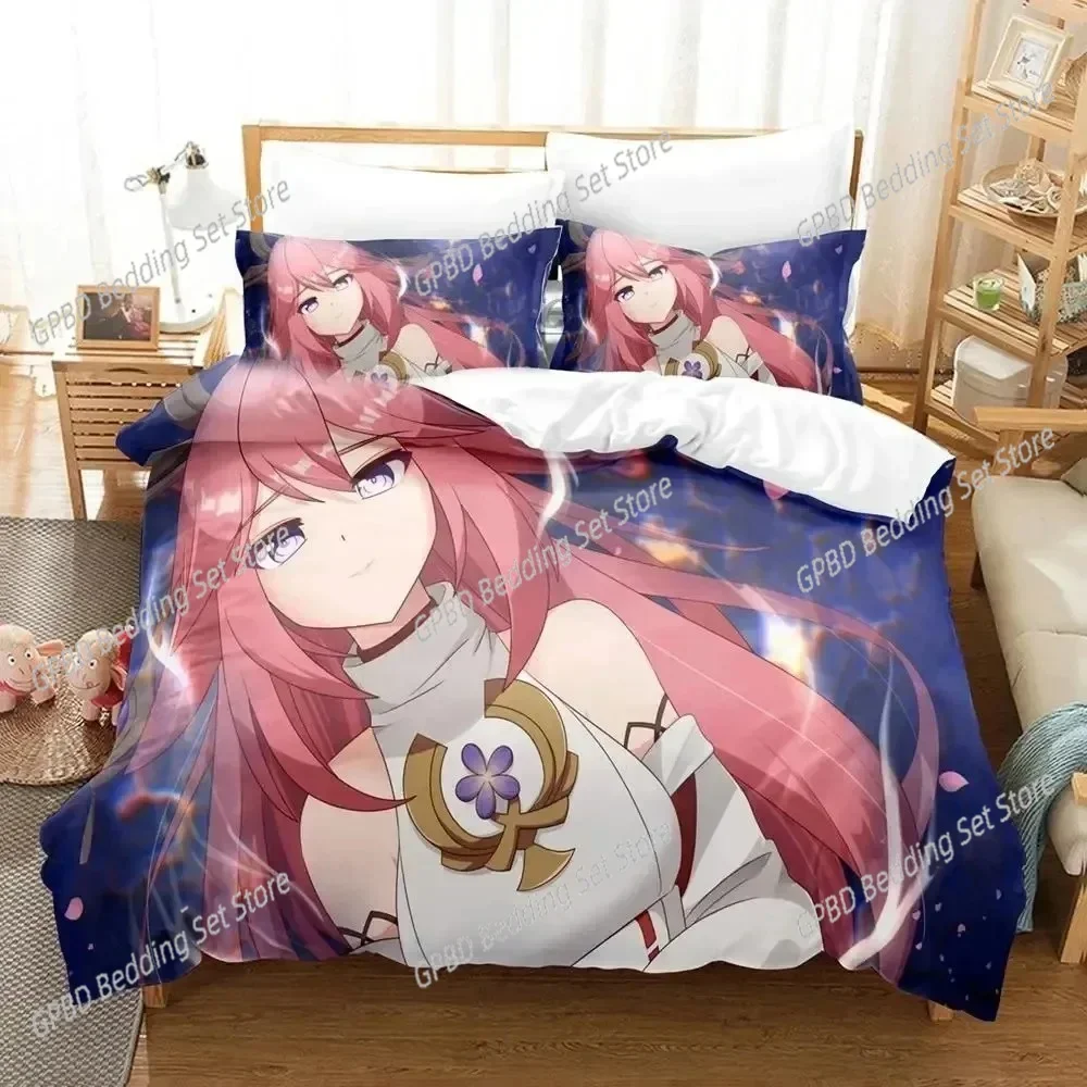 

Anime Genshin Impact Yae Miko Game Comfortable Duvet Quilt Cover Pillowcase Bedding Set Children Bedroom Decoration Home Textile
