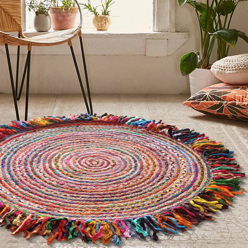 

Rainbow Tassel round Cotton Linen Blend Handwoven Ethnic Style Carpet for Sofa Bedroom Living Room Balcony Kitchen Study