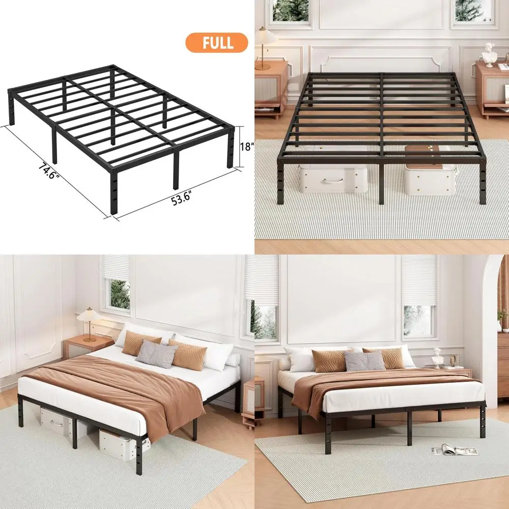 Sturdy 18 Metal Full Bed Frame - No Box Spring Needed, Easy Assembly, Heavy Duty, Strong Support, Underbed Storage, Black