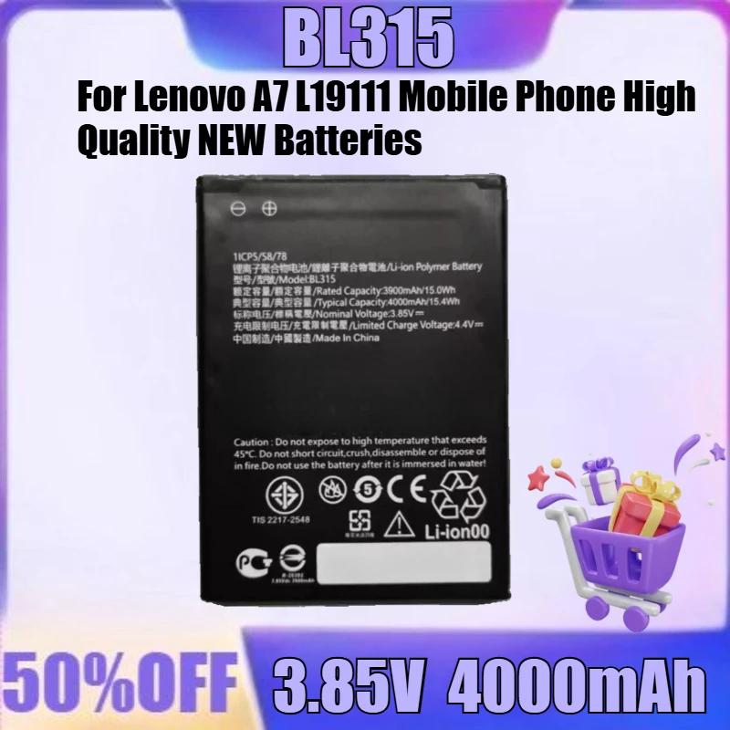 

New Battery 4000mAh BL315 Battery For Lenovo A7 L19111 Mobile Phone High Quality NEW Batteries Battery