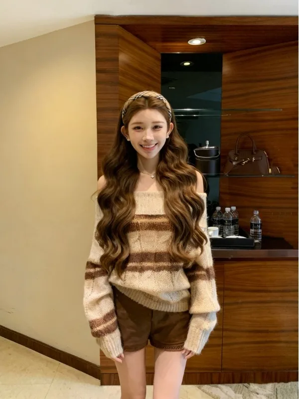 

Casual Stripe Knitted Sweater Women's Shoulder Bared Vintage Slimming Spring New Style Pure Desire Top Ins Fashion Commute St...