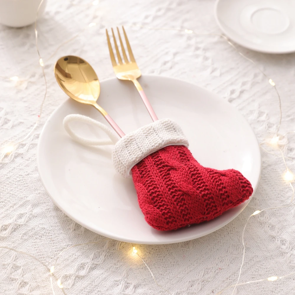 Christmas Cutlery Cover Red Knitted Sock Knife Fork Spoon Storage Bag Xmas Table Decoration Accessories for Home Dinner Party 