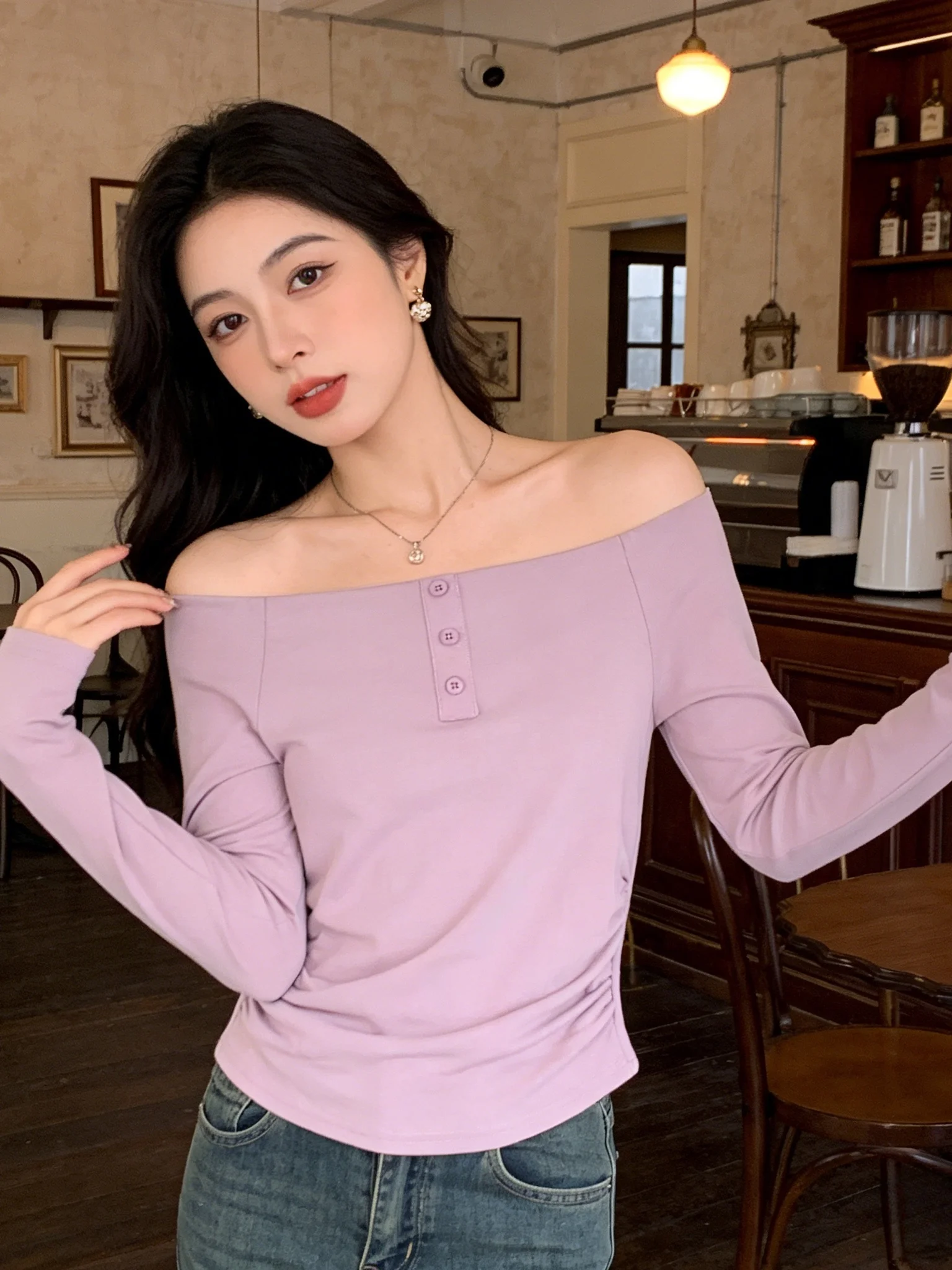 High Intelligence Cold Sensation One Shoulder Button Long Sleeve Knitted Sweater Women's Autumn New Style Pink Slim Short Top