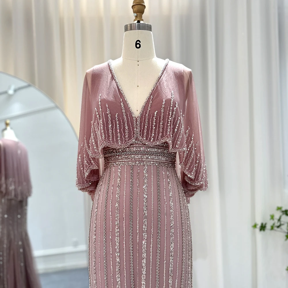 Sharon Said Dubai Luxuriöse Salbeigrüne Meerjungfrauen-Abendkleider mit Cape, V-Ausschnitt, Arabisch, für Hochzeitsfeier, SS284, Maßanfertigung – Detail 13