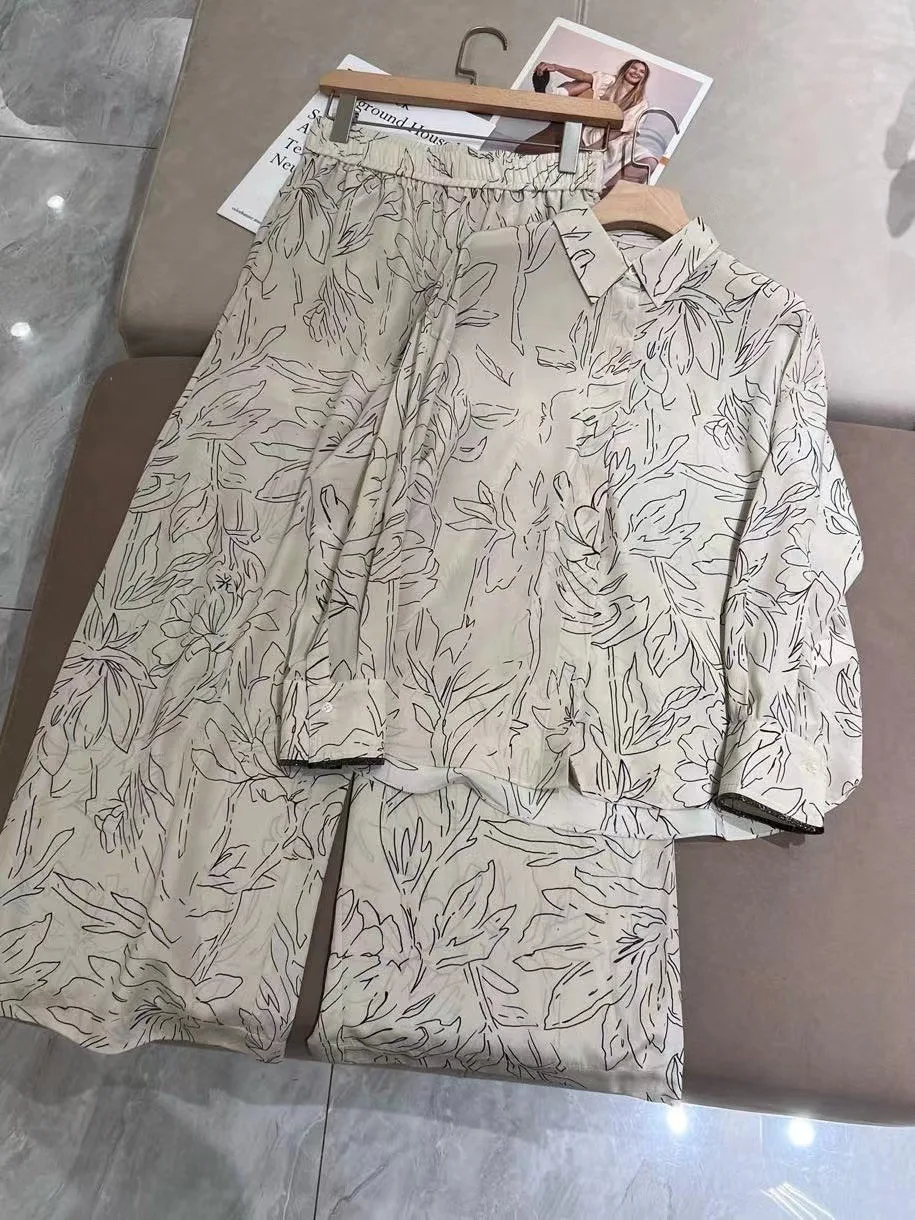

Women's High Quality Spring Summer Silk Prints Suit Long Sleeve Shirt High Waist Trousers 2-Piece Set