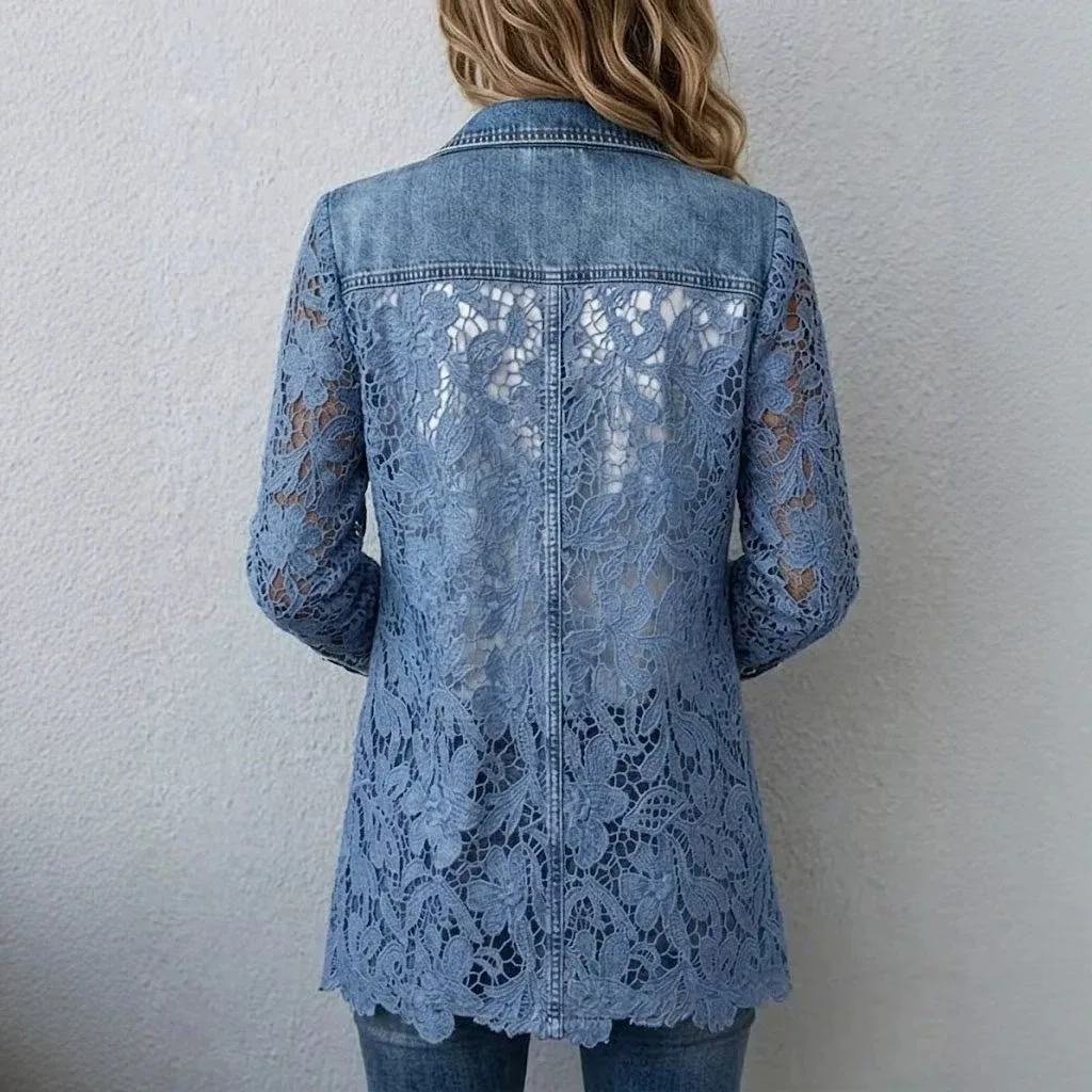 Vintage Hollow Out Floral Lace Spliced Denim Jacket Women Notched Lapel Single Button Long Sleeve See Through Casual Blazer Coat