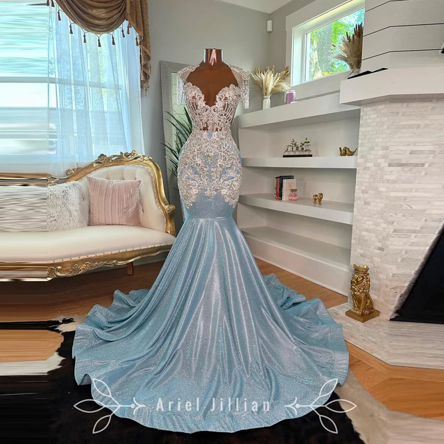 Light Blue Shiny Satin Mermaid Prom Dresses Aso Ebi Luxury Silver Lace Appliques Black Girls Prom