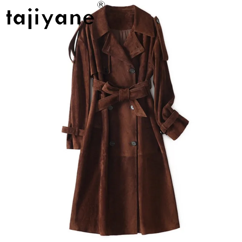 TAJIYANE Genuine Leather Jacket Women Top Layer Goat Suede Overcoat with Belt Outerwear Long Trench Coat 115cm Elegant Дубленка