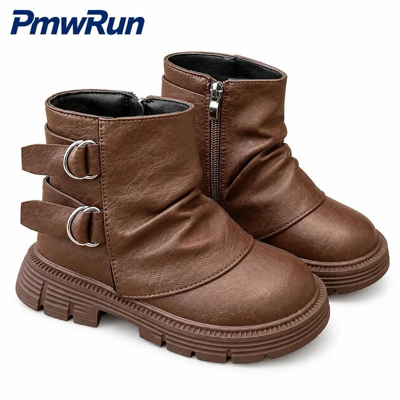 PU Leather Winter Boots For Girls Trend Fashion Teenager Girl's Plush Footwear Anti-slippery Waterproof Padded Cotton Shoes