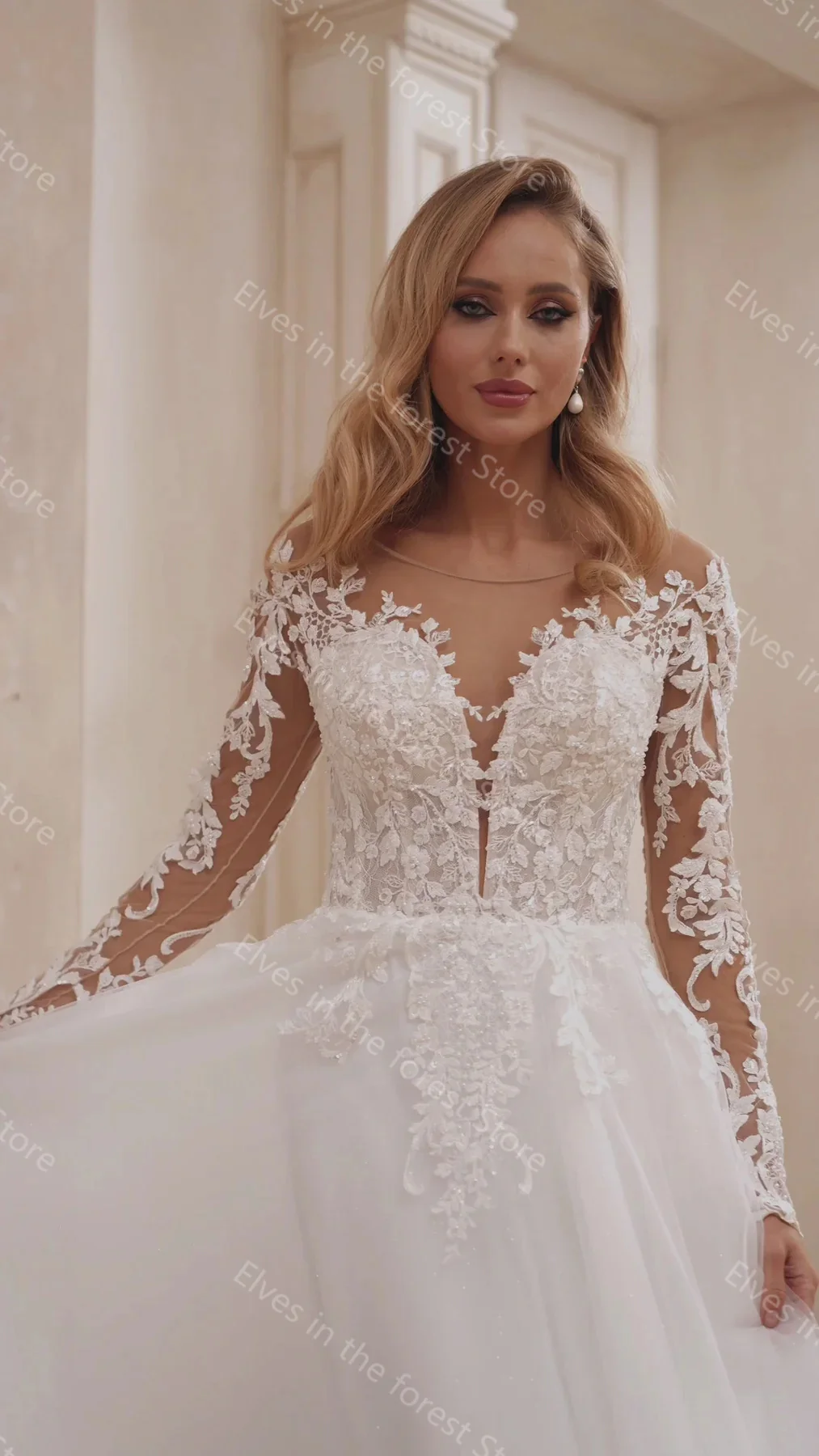 Glamurosos Vestidos De novia De línea A, Apliques De encaje De lujo, Vestidos De novia De manga larga hasta el suelo, Vestidos personalizados De Mariee