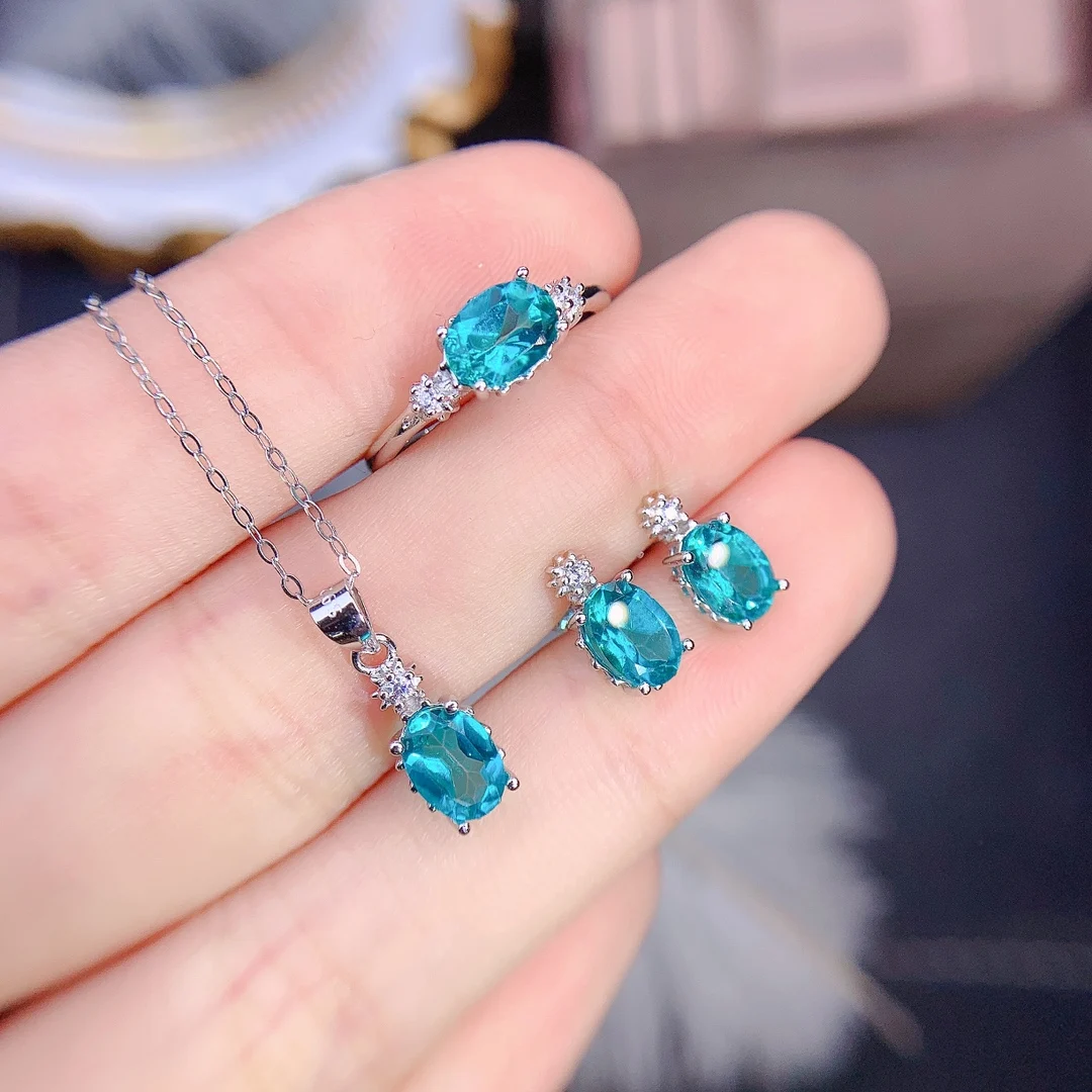 Beautiful Paraiba Jewelry Set Sterling Silver 925 Oval 5x7mm Natural Paraiba Set Ring Pendant Stud Earrings