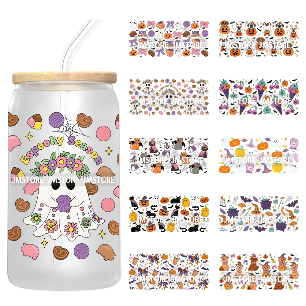 

Spooky Season Halloween Pumpkin Ghost Witch Dogs UV DTF Wraps Transfer Sticker Selfadhesive Waterproof For 16OZ Libbey Glass Can