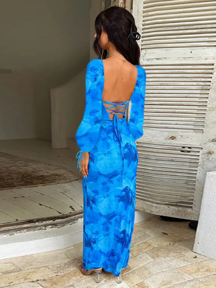 Mozision Blue Floral Print Sexy Maxi Dress For Women Gown Autumn New Square Collar Long Sleeve Lace-up Sexy Long Dress Elegant