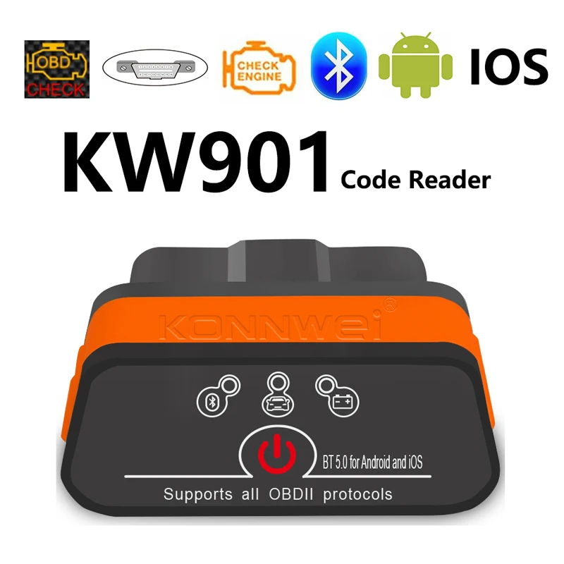 

KW906 Bluetooth 5,0 для Android/iOS считыватель кодов ELM 327 Авто OBD 2 автомобилей диагностические инструменты KONNWEI KW901 ELM327 V1.5 OBD2 сканер