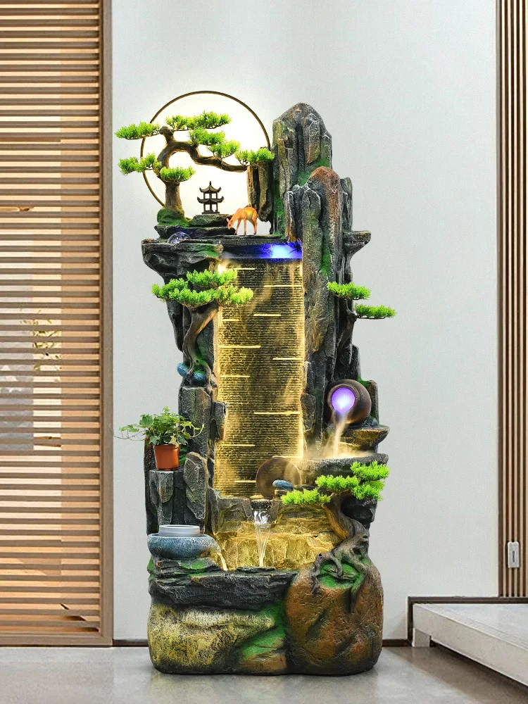 Large floor-to-ceiling rockery fountain water feature living room office balcony humidifier running