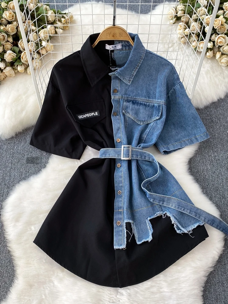 Denim Patchwork Shirt Dress Contrasting Color Turndown Collar Lace Up Single Breasted Mid Dress Loose Irregular T-shirt Dress